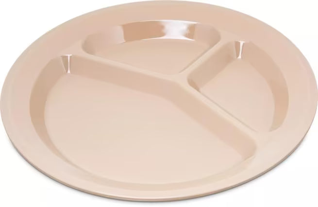 11 Inch Tan Polycarbonate Narrow Rim 3 Compartment Plate with scratch resistant surface and break resistant construction. Ideal for cafeterias, restaurants, healthcare facilities, and commercial foodservice.