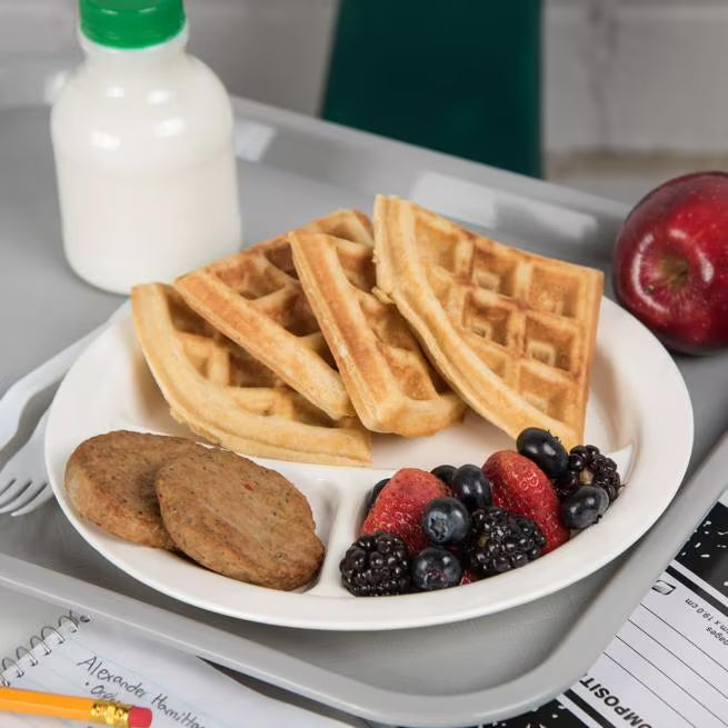 9 Inch White Polycarbonate Narrow Rim 3 Compartment Plate with scratch resistant surface and break resistant construction. Ideal for cafeterias, restaurants, healthcare facilities, and commercial foodservice.