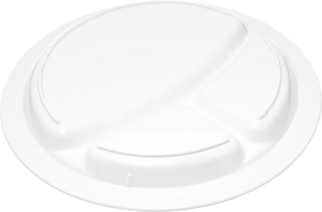 9 Inch White Polycarbonate Narrow Rim 3 Compartment Plate with scratch resistant surface and break resistant construction. Ideal for cafeterias, restaurants, healthcare facilities, and commercial foodservice.