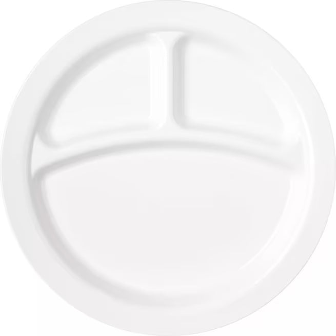 9 Inch White Polycarbonate Narrow Rim 3 Compartment Plate with scratch resistant surface and break resistant construction. Ideal for cafeterias, restaurants, healthcare facilities, and commercial foodservice.
