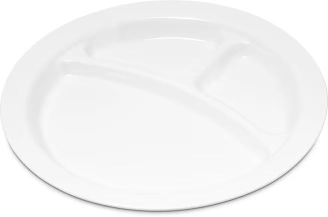 9 Inch White Polycarbonate Narrow Rim 3 Compartment Plate with scratch resistant surface and break resistant construction. Ideal for cafeterias, restaurants, healthcare facilities, and commercial foodservice.