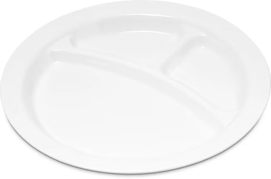 9 Inch White Polycarbonate Narrow Rim 3 Compartment Plate with scratch resistant surface and break resistant construction. Ideal for cafeterias, restaurants, healthcare facilities, and commercial foodservice.