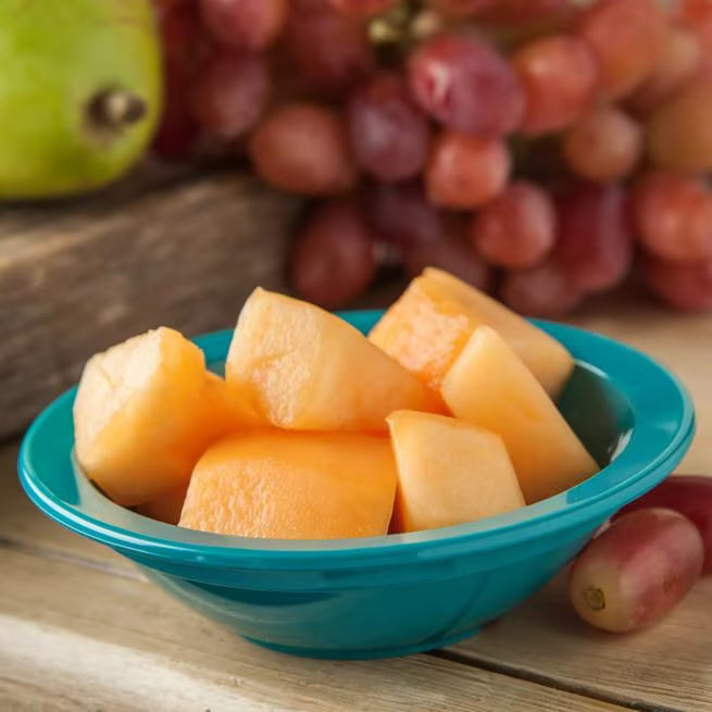 5 oz Teal Polycarbonate Rimmed Fruit Bowl with scratch resistant surface and break resistant construction. Ideal for fruit, desserts, snacks, restaurants, catering, and commercial foodservice.