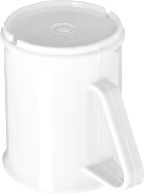 9.6 oz White Polycarbonate Handled Mug with scratch resistant surface and break resistant construction. Ideal for coffee, tea, hot beverages, restaurants, cafeterias, and commercial foodservice.