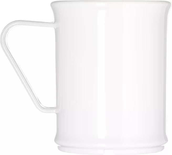 9.6 oz White Polycarbonate Handled Mug with scratch resistant surface and break resistant construction. Ideal for coffee, tea, hot beverages, restaurants, cafeterias, and commercial foodservice.