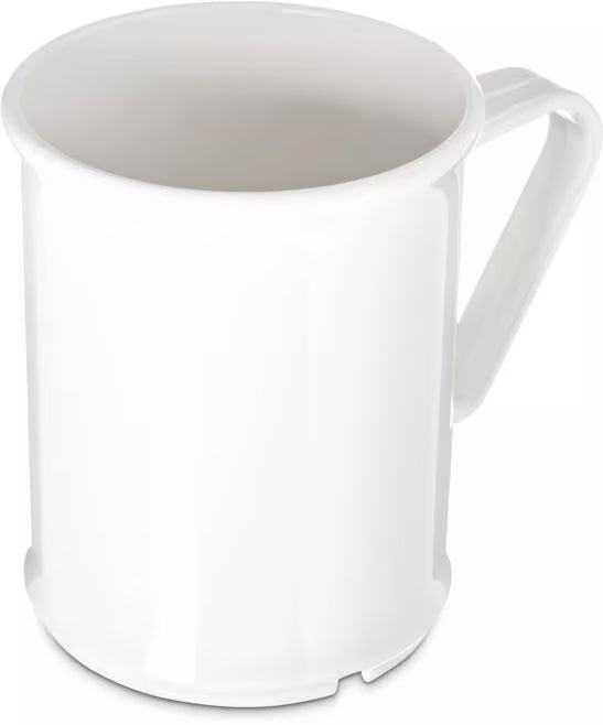 9.6 oz White Polycarbonate Handled Mug with scratch resistant surface and break resistant construction. Ideal for coffee, tea, hot beverages, restaurants, cafeterias, and commercial foodservice.