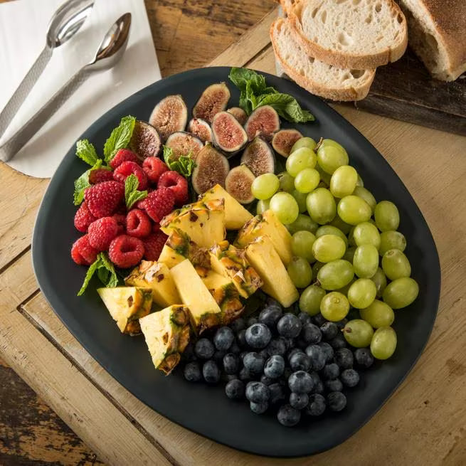 13 Inch Slate Ridge Melamine Oblong Platter with a premium matte finish and shatter resistant construction. Ideal for restaurants, cafes, catering, buffets, and elegant food presentations.