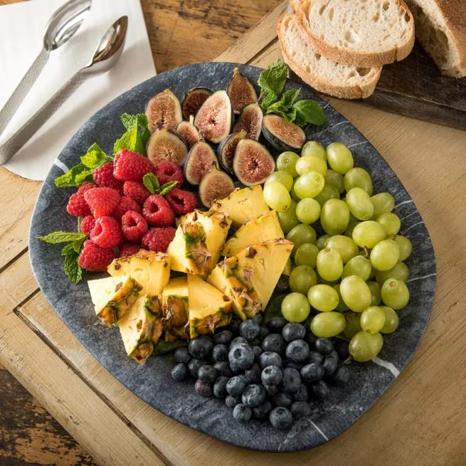 13 Inch Soapstone Ridge Melamine Oblong Platter with a premium matte finish and shatter resistant construction. Ideal for restaurants, cafes, catering, buffets, and elegant food presentations.