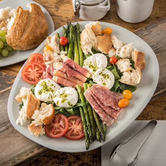 18 Inch Cement Ridge Melamine Oblong Platter with a premium matte finish and shatter resistant construction. Ideal for restaurants, catering, buffets, banquet service, and elegant food presentations.