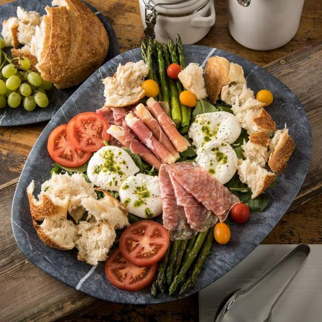 18 Inch Soapstone Ridge Melamine Oblong Platter with a premium matte finish and shatter resistant construction. Ideal for restaurants, catering, buffets, banquet service, and elegant food presentations.