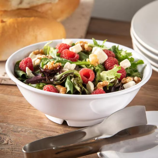 24 oz White Melamine Footed Serving Bowl with commercial grade durability and temperature insulated construction. Stain resistant and chip resistant for restaurants, cafes, catering, buffets, and home dining.