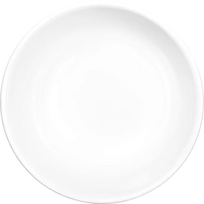 24 oz White Melamine Footed Serving Bowl with commercial grade durability and temperature insulated construction. Stain resistant and chip resistant for restaurants, cafes, catering, buffets, and home dining.