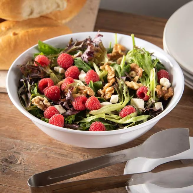 57 oz White Melamine Footed Serving Bowl with commercial grade durability, reinforced construction, and temperature insulated design. Stain resistant and chip resistant for restaurants, cafes, catering, buffets, and home dining.