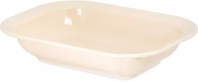 28 oz Tan Melamine Rectangle Baker Server with commercial grade durability and traditional styling. Stain resistant, chip resistant, and temperature insulated for restaurants, cafes, catering, buffets, and home dining.