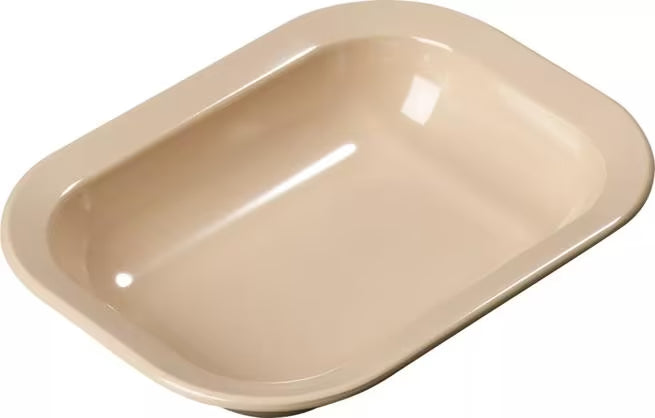 28 oz Tan Melamine Rectangle Baker Server with commercial grade durability and traditional styling. Stain resistant, chip resistant, and temperature insulated for restaurants, cafes, catering, buffets, and home dining.