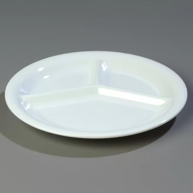 10.5 Inch White Sierrus Melamine 3 Compartment Plate with commercial grade durability, shatter resistant construction, and temperature insulated design. Ideal for restaurants, cafeterias, hospitals, schools, catering, and home dining.