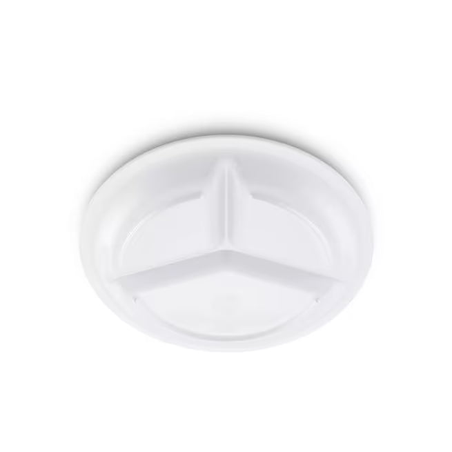 10.5 Inch White Sierrus Melamine 3 Compartment Plate with commercial grade durability, shatter resistant construction, and temperature insulated design. Ideal for restaurants, cafeterias, hospitals, schools, catering, and home dining.
