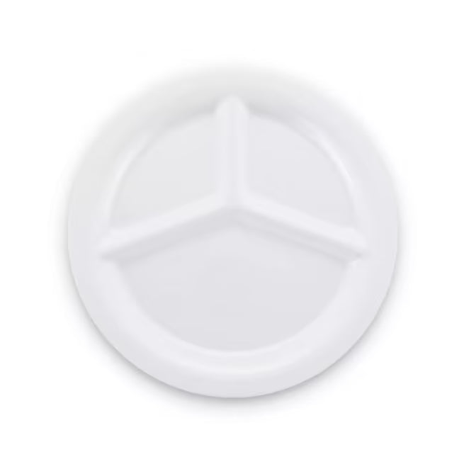 10.5 Inch White Sierrus Melamine 3 Compartment Plate with commercial grade durability, shatter resistant construction, and temperature insulated design. Ideal for restaurants, cafeterias, hospitals, schools, catering, and home dining.