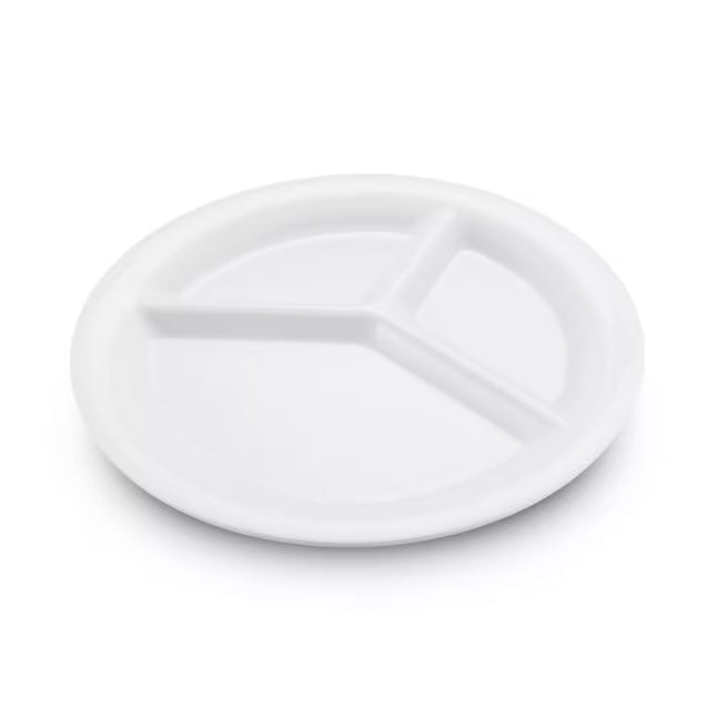 10.5 Inch White Sierrus Melamine 3 Compartment Plate with commercial grade durability, shatter resistant construction, and temperature insulated design. Ideal for restaurants, cafeterias, hospitals, schools, catering, and home dining.