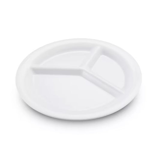 10.5 Inch White Sierrus Melamine 3 Compartment Plate with commercial grade durability, shatter resistant construction, and temperature insulated design. Ideal for restaurants, cafeterias, hospitals, schools, catering, and home dining.