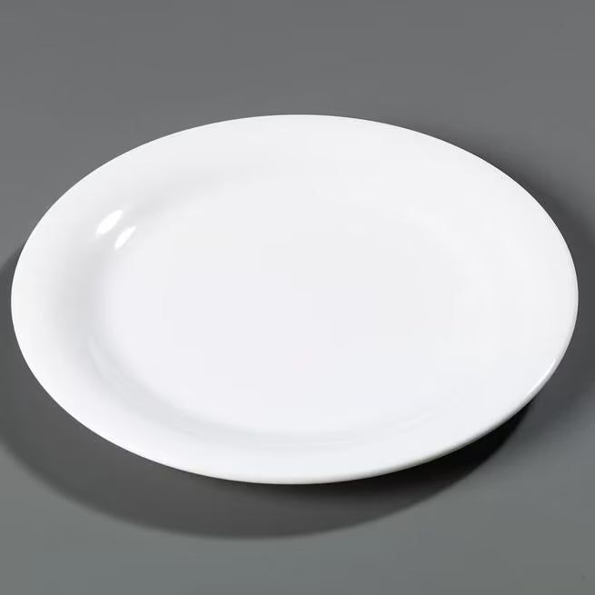 10.5 Inch White Sierrus Melamine Narrow Rim Dinner Plate with commercial grade durability, shatter resistant construction, and temperature insulated design. Ideal for restaurants, cafeterias, catering, hospitals, schools, and home dining.