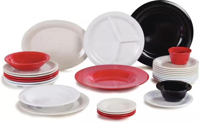 10.5 Inch White Sierrus Melamine Narrow Rim Dinner Plate with commercial grade durability, shatter resistant construction, and temperature insulated design. Ideal for restaurants, cafeterias, catering, hospitals, schools, and home dining.