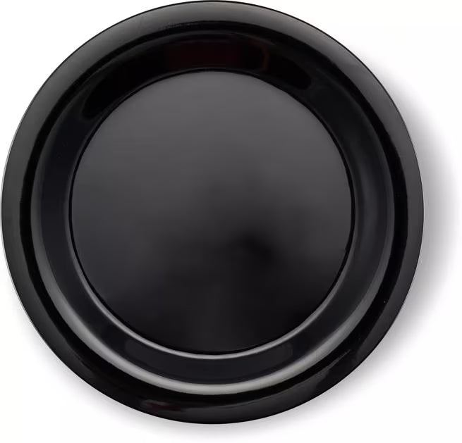10.5 Inch Black Sierrus Melamine Narrow Rim Dinner Plate with commercial grade durability, shatter resistant construction, and temperature insulated design. Ideal for restaurants, cafes, hospitals, schools, catering, and home dining.