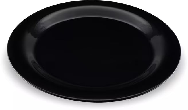 10.5 Inch Black Sierrus Melamine Narrow Rim Dinner Plate with commercial grade durability, shatter resistant construction, and temperature insulated design. Ideal for restaurants, cafes, hospitals, schools, catering, and home dining.