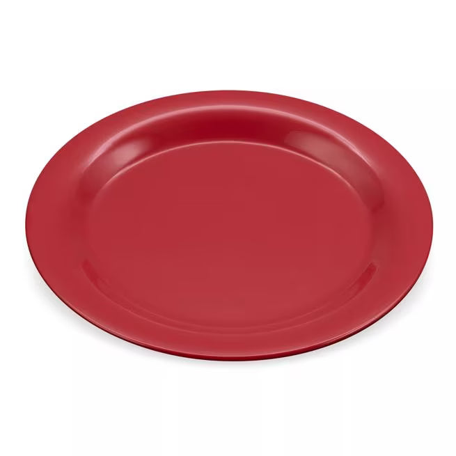 9 Inch Red Sierrus Melamine Wide Rim Dinner Plate with commercial grade durability, shatter resistant construction and temperature insulated design. Ideal for restaurants, cafes, hotels, catering and home dining.