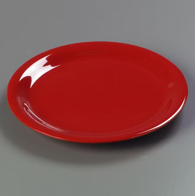 9 Inch Red Sierrus Melamine Wide Rim Dinner Plate with commercial grade durability, shatter resistant construction and temperature insulated design. Ideal for restaurants, cafes, hotels, catering and home dining.