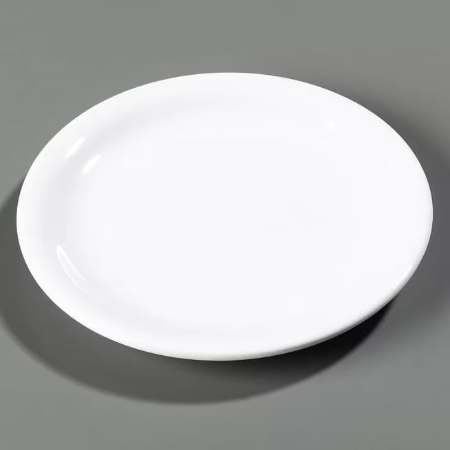 7.25 Inch White Sierrus Melamine Narrow Rim Salad Plate with commercial grade durability shatter resistant construction and temperature insulated design. Ideal for restaurants cafes hospitals schools catering and home dining.