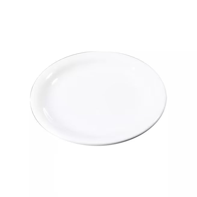 7.25 Inch White Sierrus Melamine Narrow Rim Salad Plate with commercial grade durability shatter resistant construction and temperature insulated design. Ideal for restaurants cafes hospitals schools catering and home dining.