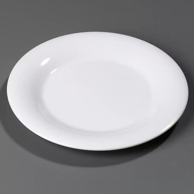9 Inch White Sierrus Melamine Wide Rim Dinner Plate with commercial grade durability shatter resistant construction and temperature insulated design. Ideal for restaurants cafes hotels catering and home dining.