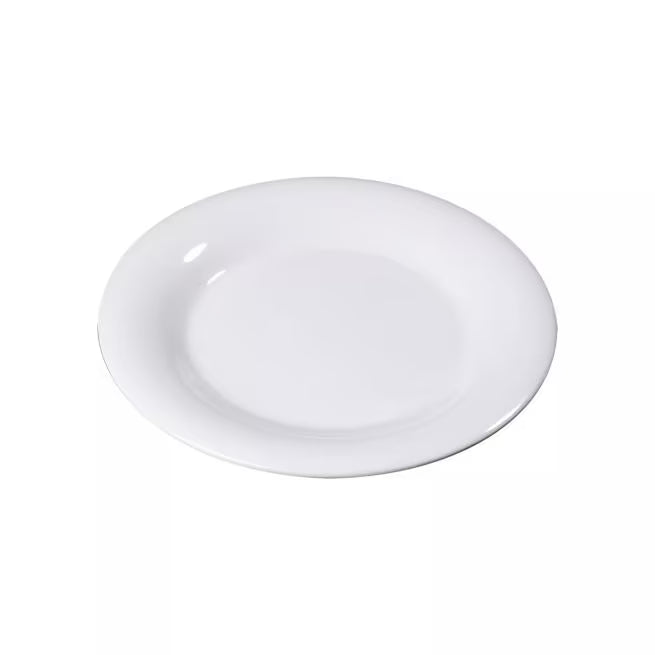 9 Inch White Sierrus Melamine Wide Rim Dinner Plate with commercial grade durability shatter resistant construction and temperature insulated design. Ideal for restaurants cafes hotels catering and home dining.