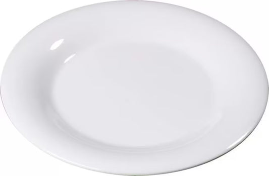 10.5 Inch White Sierrus Melamine Wide Rim Dinner Plate with commercial grade durability shatter resistant construction and temperature insulated design. Ideal for restaurants cafes hotels catering and home dining.