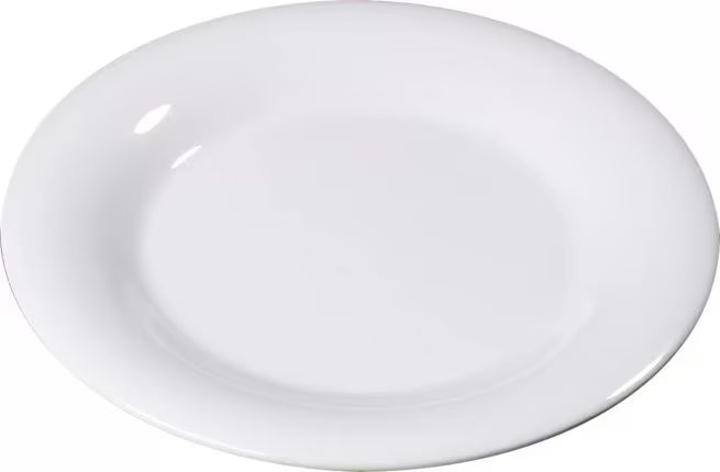9 Inch White Sierrus Melamine Wide Rim Dinner Plate with commercial grade durability shatter resistant construction and temperature insulated design. Ideal for restaurants cafes hotels catering and home dining.