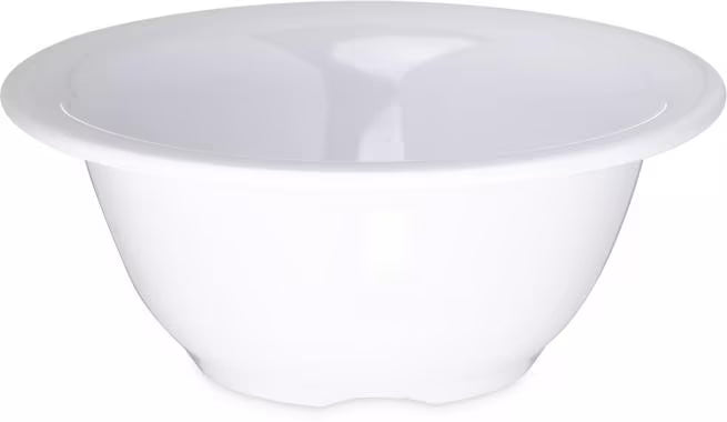 10 oz White Sierrus Melamine Rimmed Nappie Bowl with commercial grade durability, shatter resistant construction and temperature insulated design. Perfect for soups, cereals, salads, desserts and foodservice applications.
