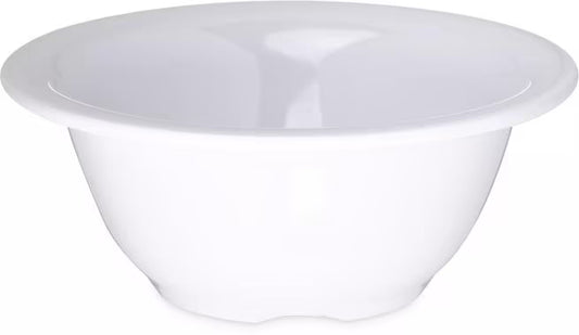 10 oz White Sierrus Melamine Rimmed Nappie Bowl with commercial grade durability, shatter resistant construction and temperature insulated design. Perfect for soups, cereals, salads, desserts and foodservice applications.