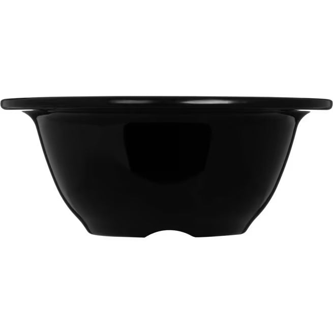 10 oz Black Sierrus Melamine Rimmed Nappie Bowl with commercial grade durability, shatter resistant construction and temperature insulated design. Perfect for soups, cereals, salads, desserts and foodservice applications.