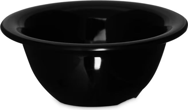 10 oz Black Sierrus Melamine Rimmed Nappie Bowl with commercial grade durability, shatter resistant construction and temperature insulated design. Perfect for soups, cereals, salads, desserts and foodservice applications.
