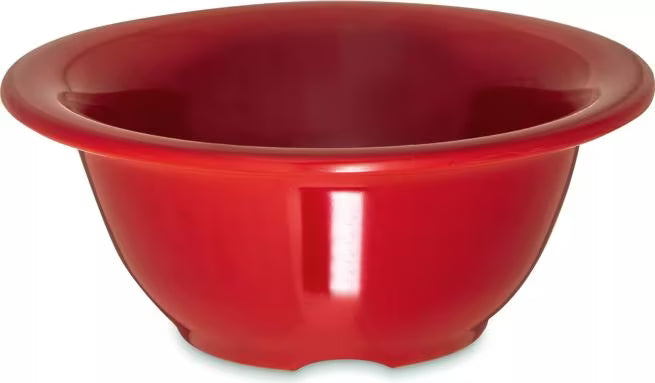10 oz Red Sierrus Melamine Rimmed Nappie Bowl with commercial grade durability, shatter resistant construction and temperature insulated design. Perfect for soups, cereals, salads, desserts and foodservice applications.