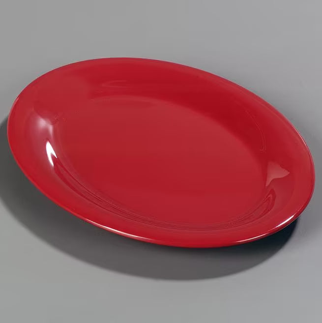 12 x 9 Inch Red Sierrus Melamine Oval Platter Tray with commercial grade durability, shatter resistant construction and temperature insulated design. Perfect for appetizers, seafood, entrees and shared dishes.