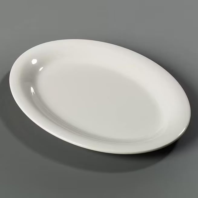 9.5 x 7.25 Inch Bone Sierrus Melamine Oval Platter Tray with commercial grade durability, shatter resistant construction and temperature insulated design. Perfect for appetizers, sandwiches, seafood, desserts and individual entrees.