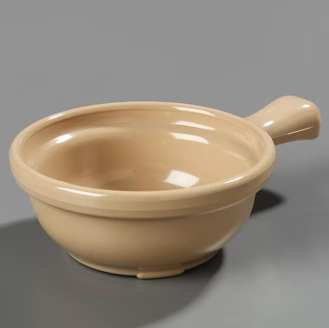 8 oz Stone Handled Soup Bowl with durable commercial grade SAN construction, thick walled heat retaining design and an integrated handle. Ideal for soups, broths, chili, stews and hot beverages.