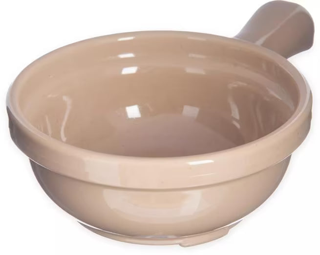 8 oz Stone Handled Soup Bowl with durable commercial grade SAN construction, thick walled heat retaining design and an integrated handle. Ideal for soups, broths, chili, stews and hot beverages.