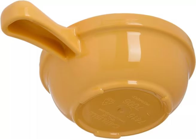 8 oz Honey Yellow Handled Soup Bowl with durable commercial grade SAN construction, thick walled heat retaining design and an integrated handle. Ideal for soups, broths, chili, stews and hot beverages.