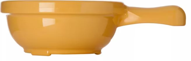8 oz Honey Yellow Handled Soup Bowl with durable commercial grade SAN construction, thick walled heat retaining design and an integrated handle. Ideal for soups, broths, chili, stews and hot beverages.