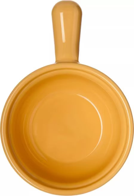 8 oz Honey Yellow Handled Soup Bowl with durable commercial grade SAN construction, thick walled heat retaining design and an integrated handle. Ideal for soups, broths, chili, stews and hot beverages.