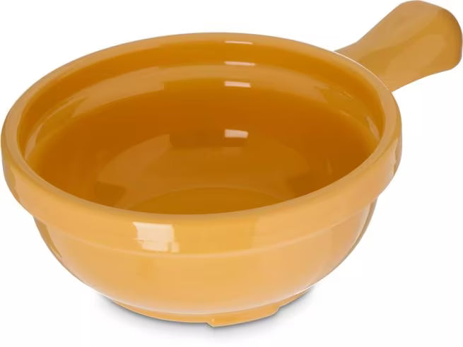 8 oz Honey Yellow Handled Soup Bowl with durable commercial grade SAN construction, thick walled heat retaining design and an integrated handle. Ideal for soups, broths, chili, stews and hot beverages.