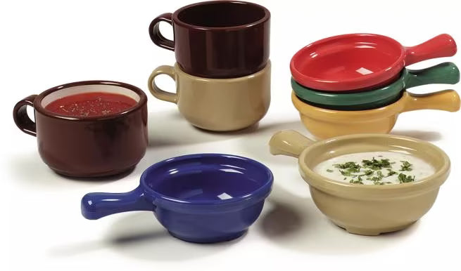 8 oz Lennox Brown Handled Soup Bowl with durable commercial grade SAN construction, thick walled heat retaining design and an integrated handle. Ideal for soups, broths, chili, stews and hot beverages.